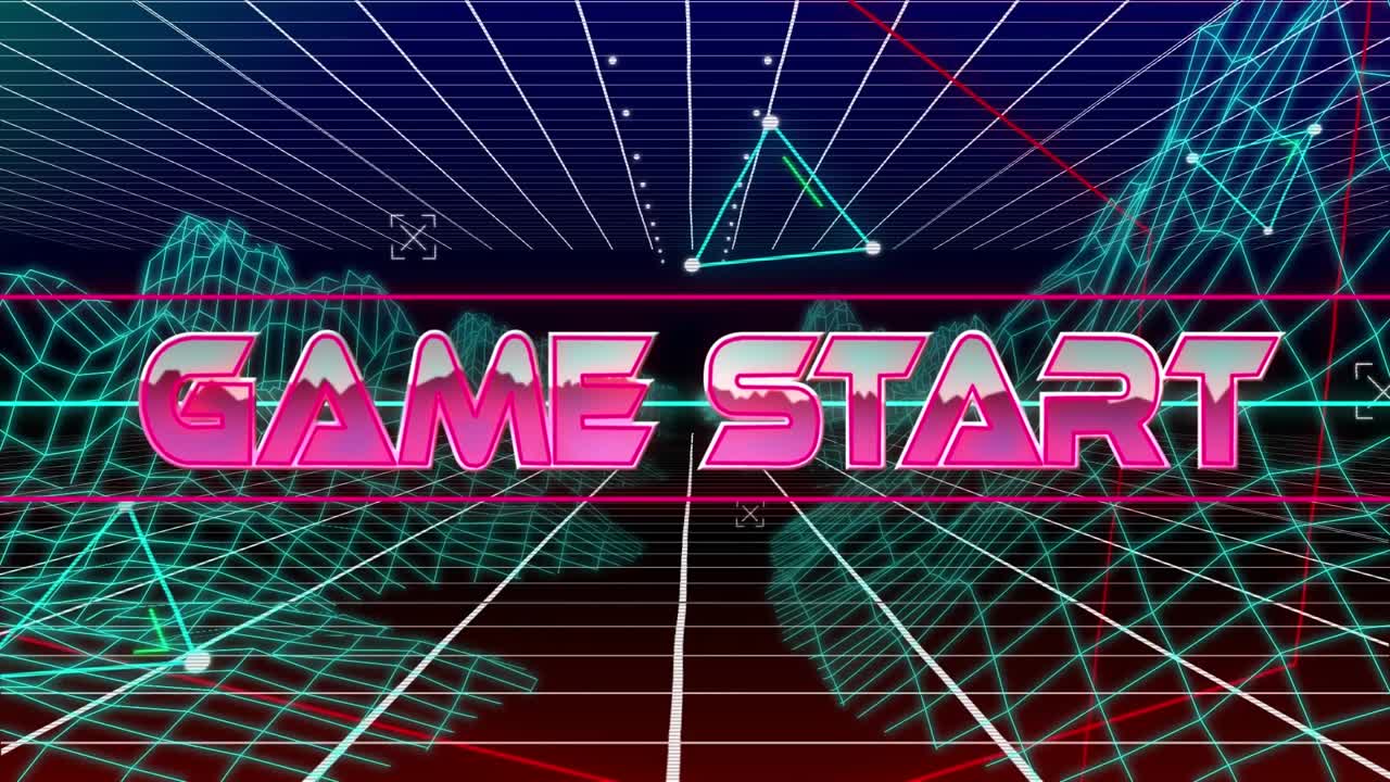 Animação de texto de início de jogo sobre grade do metaverso