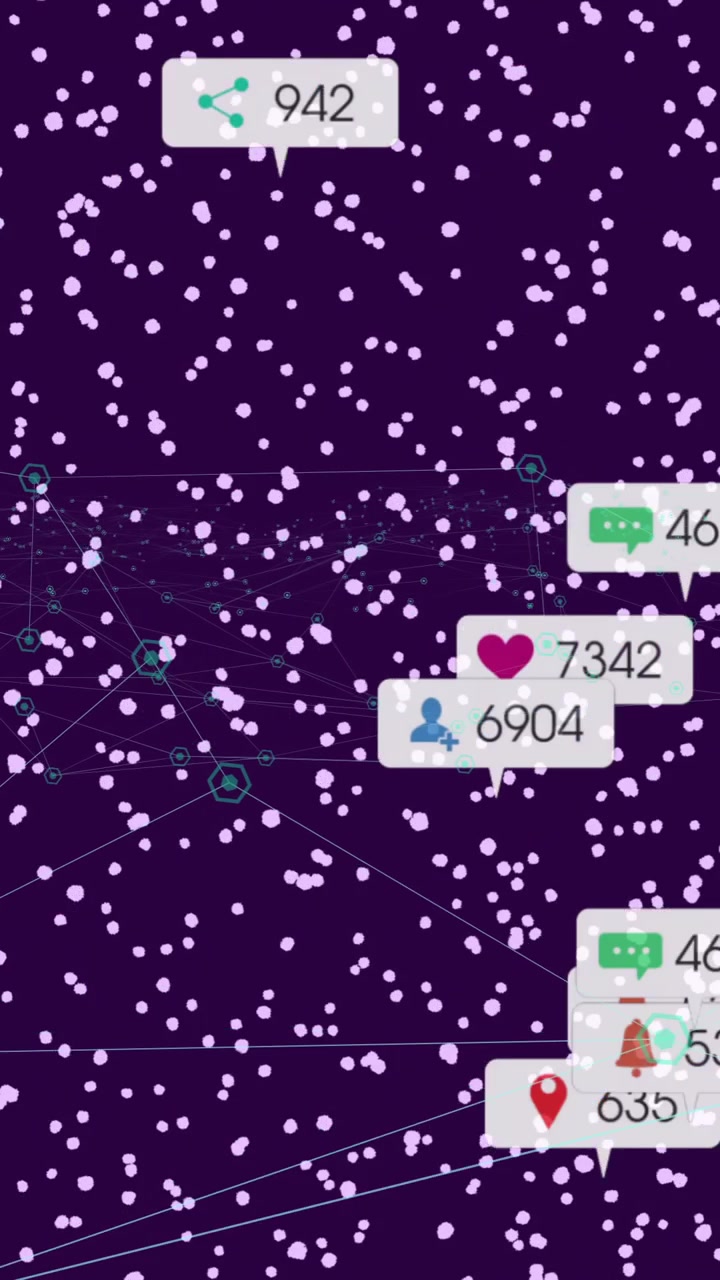 Animation af sociale medieikoner forbundet af linjer på stjerneklar lilla baggrund