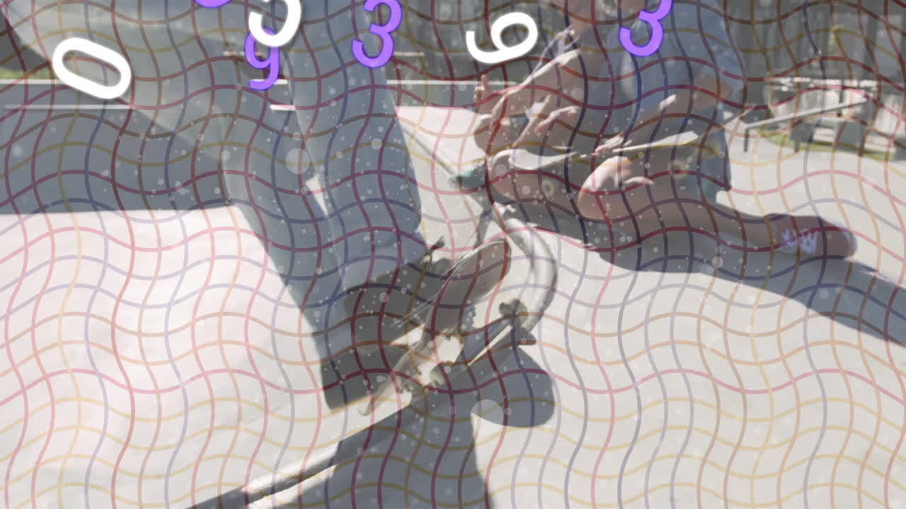 Performing trick, skateboarder with colorful numbers and patterns in animation style