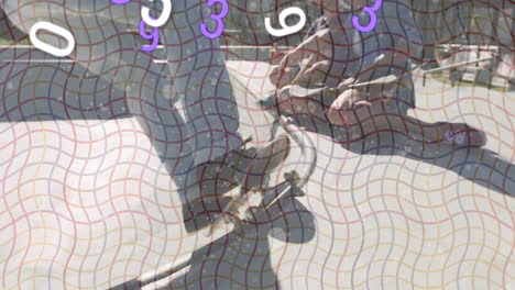 performing trick, skateboarder with colorful numbers and patterns in animation style