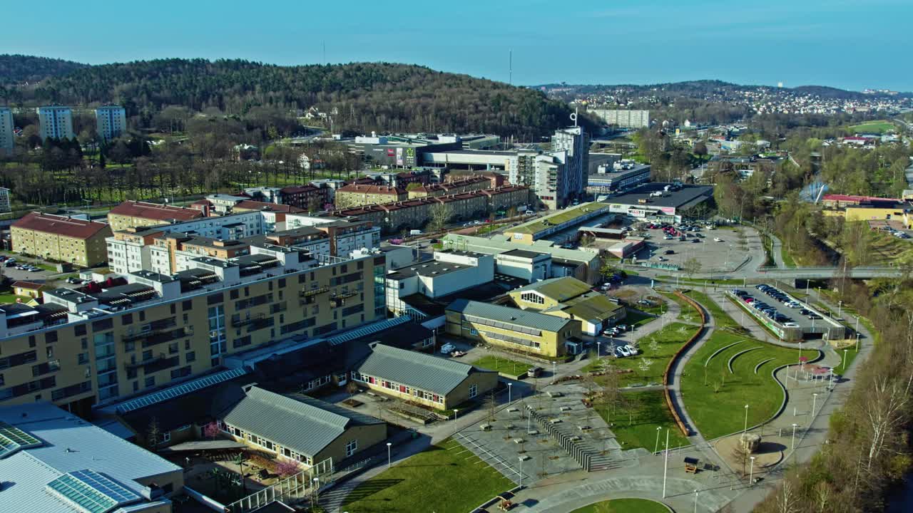 Aerial view of Partille Centrum, vibrant urban hub under a blue sky