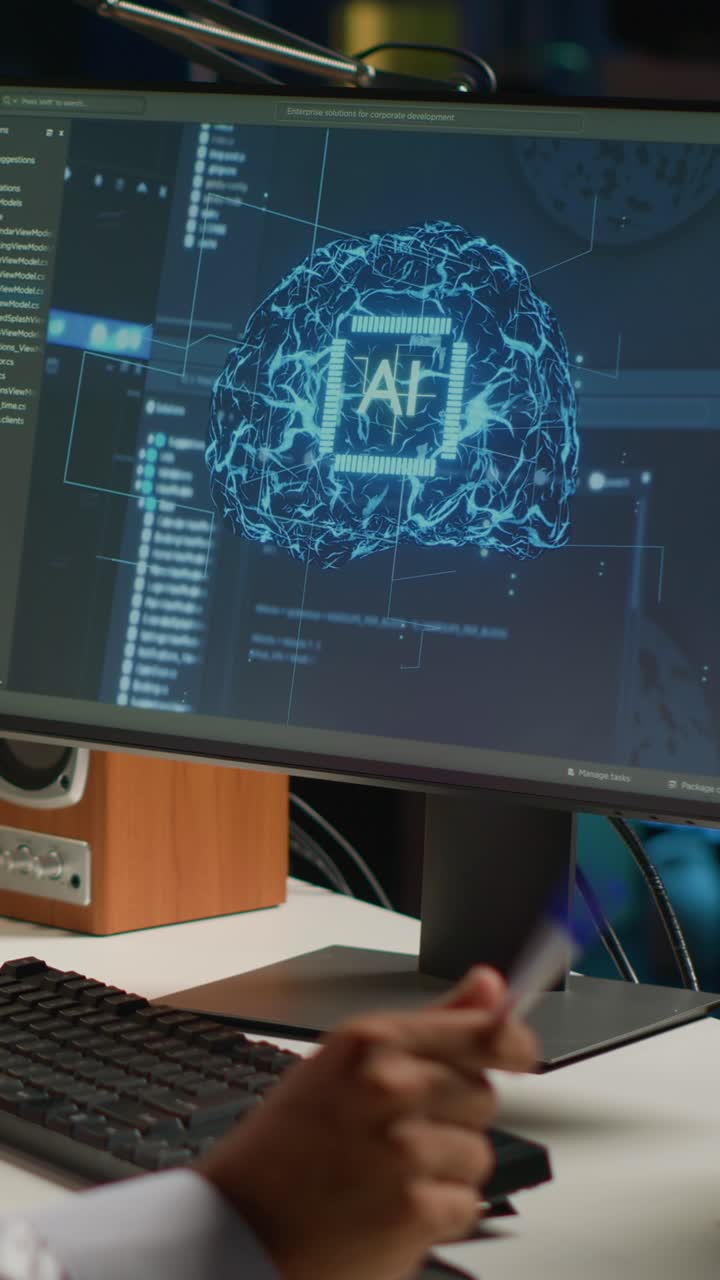 Vertical video Man in personal office writes AI code
