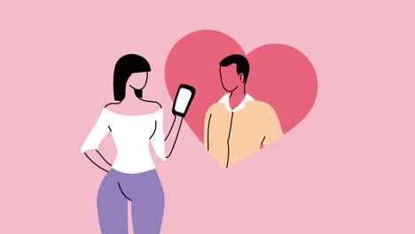 young couple lovers characters with smartphone