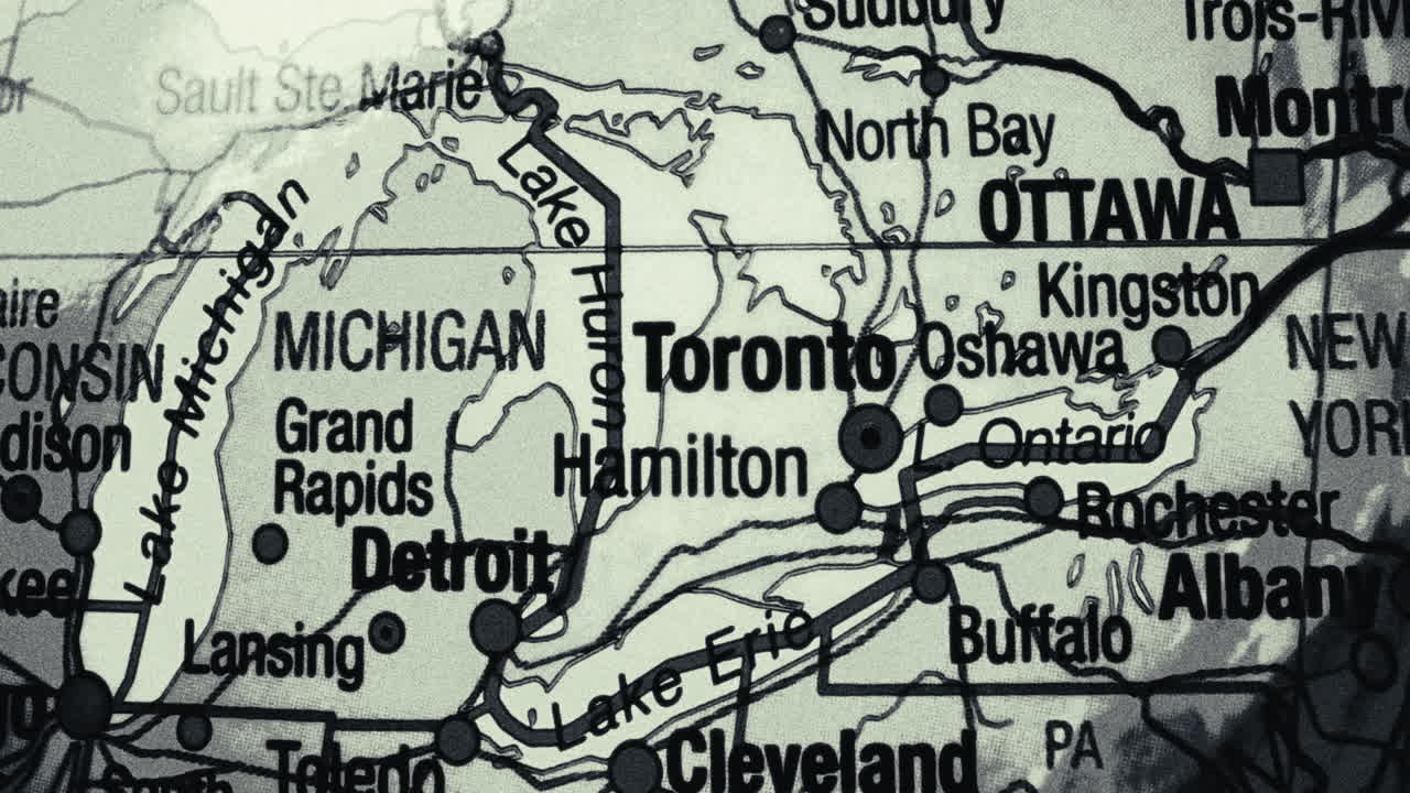 Close-up of a map showing the Great Lakes region of North America, including major cities like Toronto, Detroit, and Ottawa