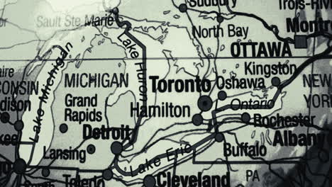 close-up of a map showing the great lakes region of north america, including major cities like toronto, detroit, and ottawa