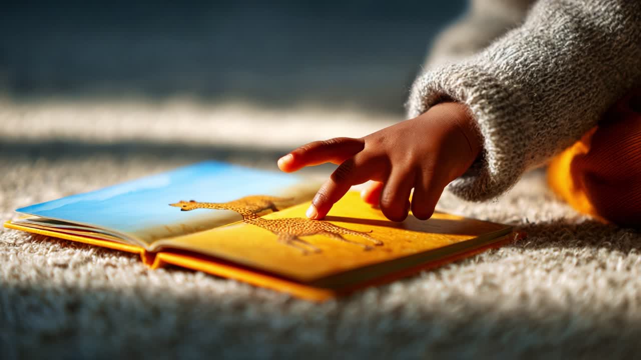 A Curious Child Engaged in Learning, Pointing at Vibrant Giraffe Illustration in a Colorful Book on Soft Carpet, Demonstrating Early Childhood Exploration and Discovery