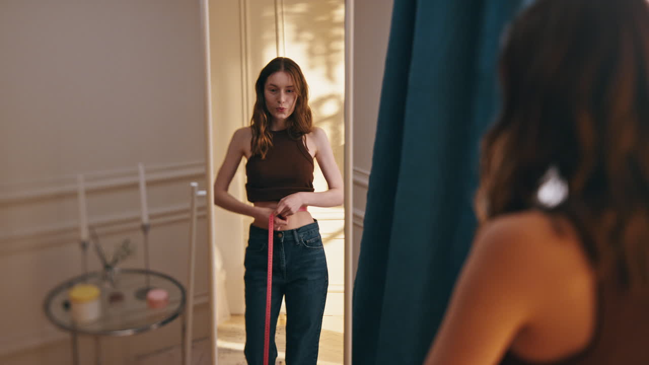 테이프로 허리를 측정하는 여성 반사. 행복한 은 모델 체중 감량을 확인