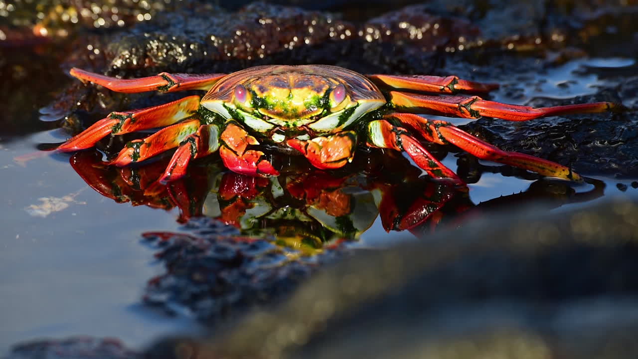 갈라파고스 섬의 해안 근처에 있는 밝은 빨간색 샐리 라이트풋 크랩