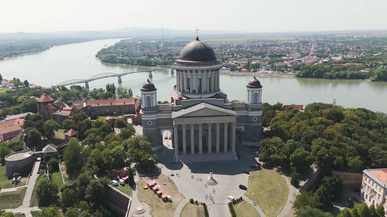 Drone view of Esztergom Basilica with Danube River in Hungary