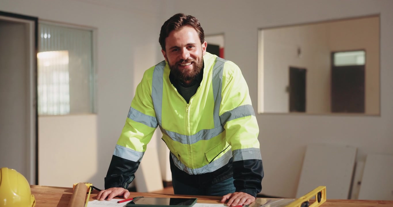 Male Construction Engineer Smiling at Camera in Office