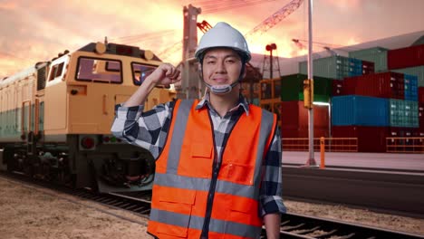 happy worker at port with train and containers