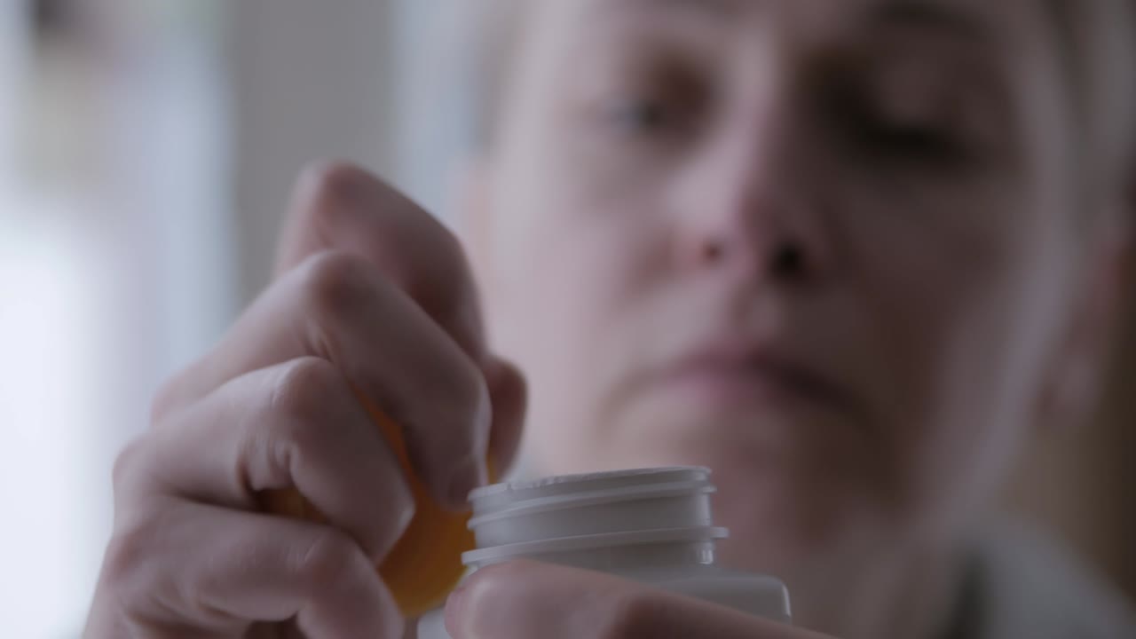 여성이 다이어트 보충제 항아리를 열고 을 꺼내는 클로즈업
