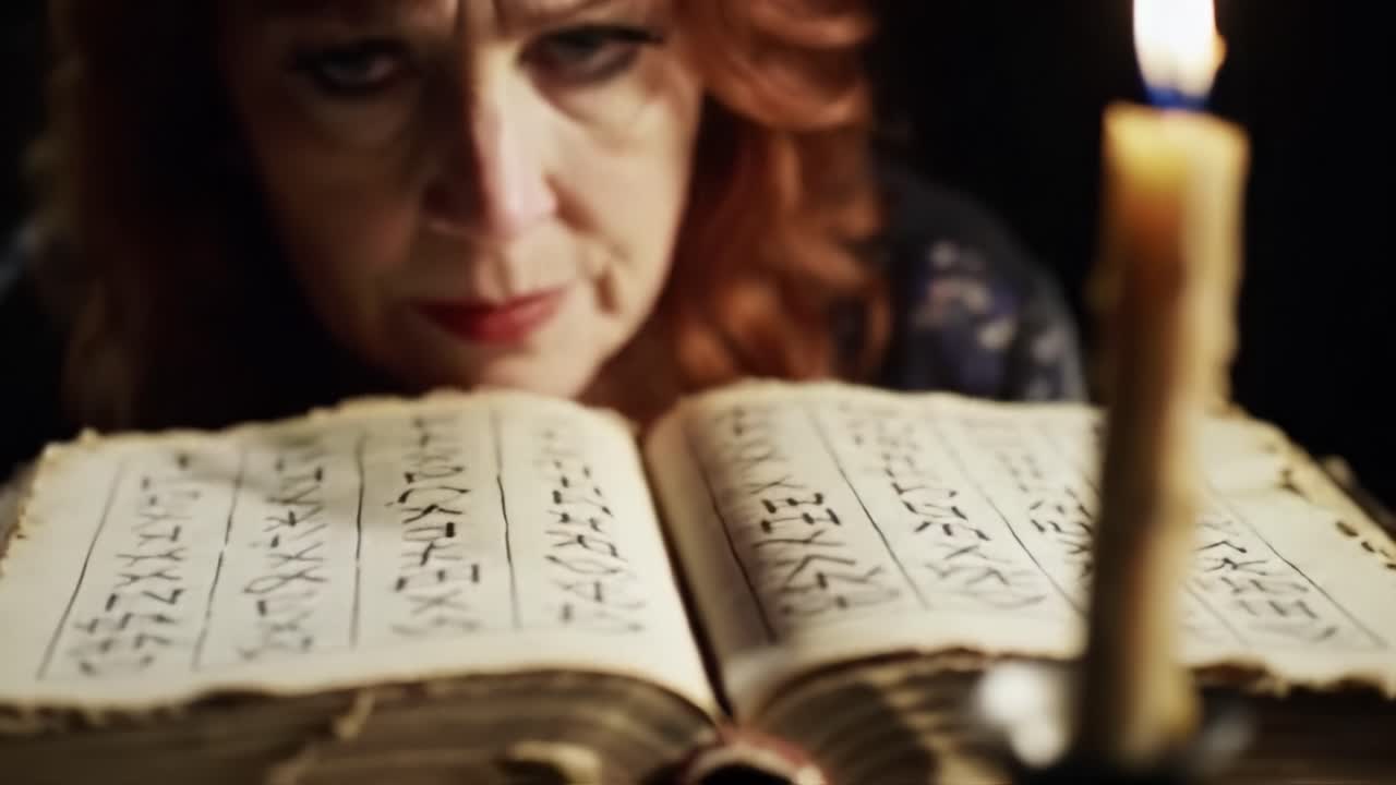 A Mysterious Woman Intently Studies Ancient Texts by Candlelight, Unveiling Secrets and Mysteries in the Shadows of Her Enigmatic Atmosphere