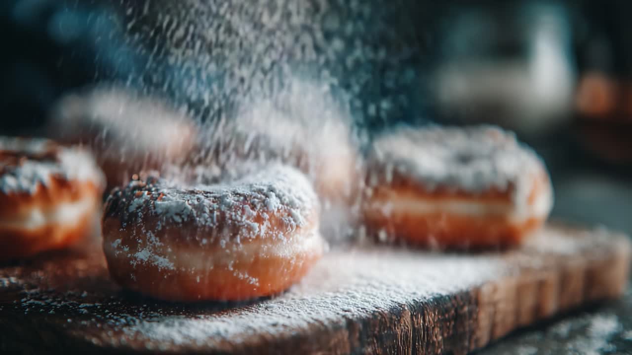 Köstliches Bestäuben von Puderzucker auf frisch zubereiteten Donuts: Eine Nahaufnahme von süßem Gebäck, bereit, mit seinen unwiderstehlichen Aromen und weichen Texturen zu begeistern.