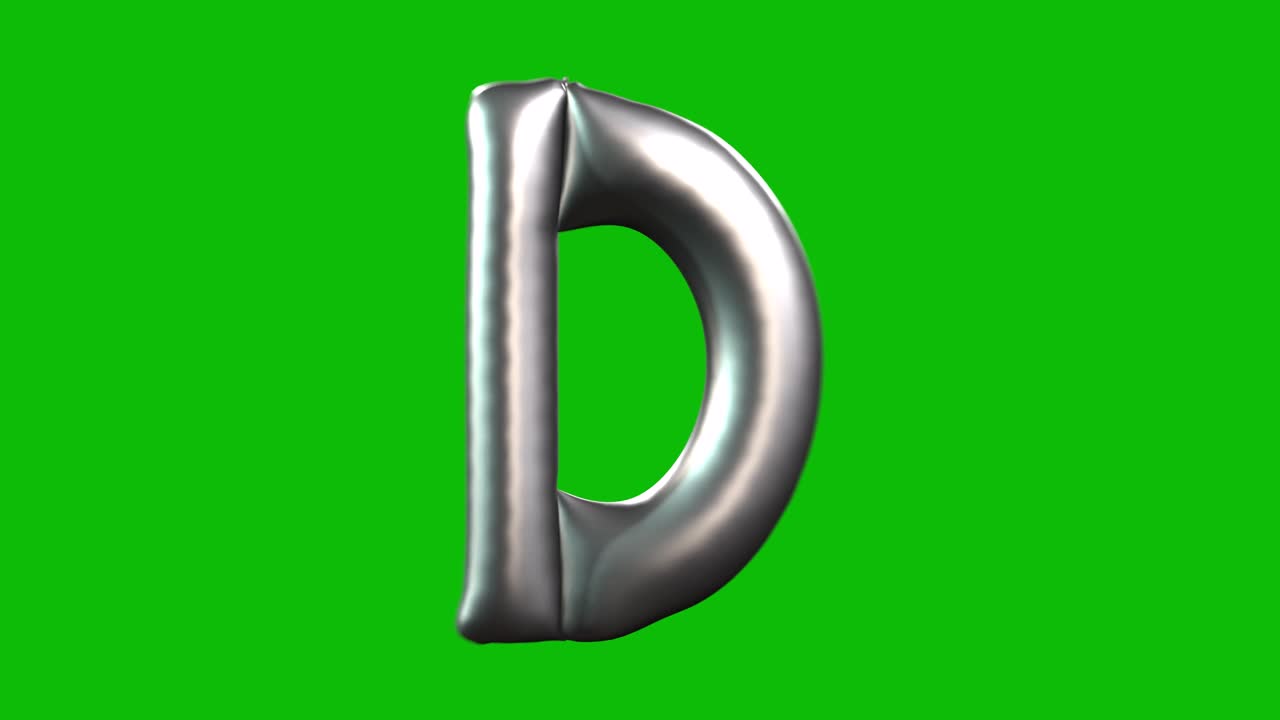 Animazione 3D di una lettera D a forma di palloncino color argento che si gonfia, ruota e si rivela su schermo verde. Ideale per feste, party, compleanni e progetti di video editing.
