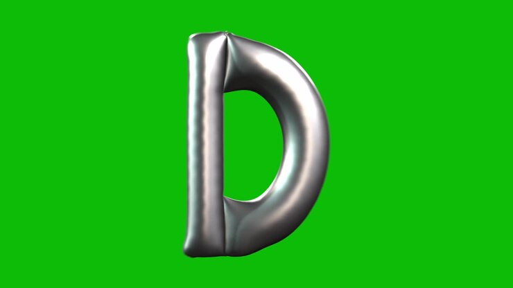 Animazione 3D di una lettera D a forma di palloncino color argento che si gonfia, ruota e si rivela su schermo verde. Ideale per feste, party, compleanni e progetti di video editing.