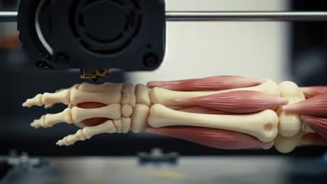 a high-tech 3d printer fabricating a detailed human hand model, showcasing intricate bone and muscle structure in a laboratory setting