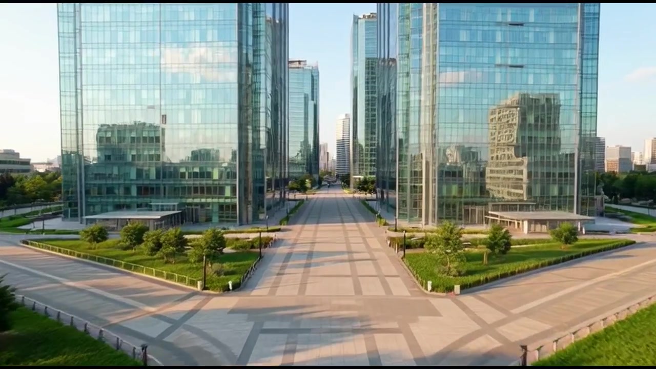 Vista aérea de edifícios de escritórios modernos de vidro e praça de pedestres