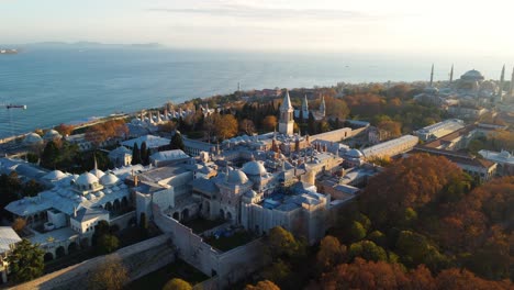 aerial view of topkapi palace and historical peninsula in istanbul. 4k footage in turkey