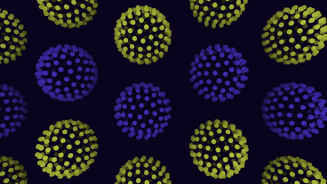 Neon futuristic sphere pattern with rainbow dots on dark gradient