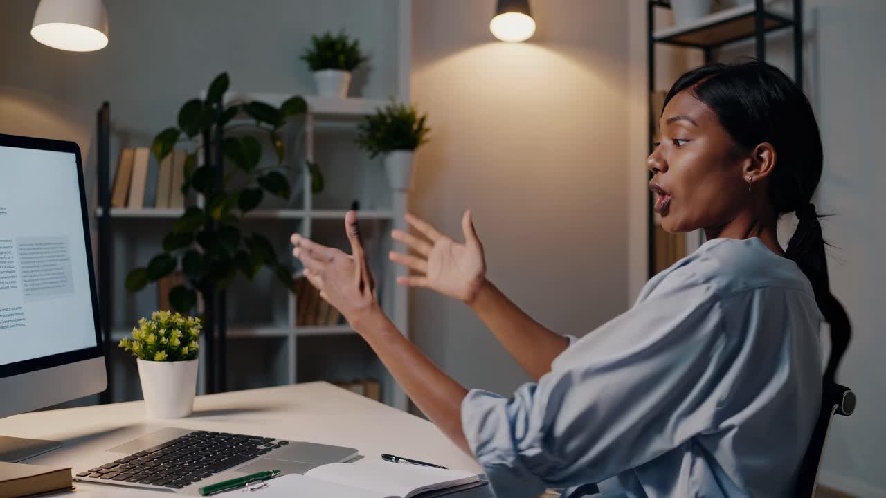 Un’inquadratura ad angolo medio di una donna che gesticola durante una videochiamata, ambientata in un moderno ufficio domestico con un’atmosfera accogliente