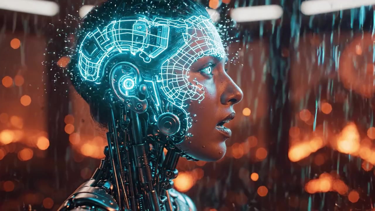 A Futuristic Cybernetic Being Embracing Emotion Amidst a Fiery, Rain-Drenched Environment: A Stunning Exploration of Humanity and Technology