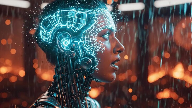 Un essere cibernetico futuristico che abbraccia l'emozione in un ambiente infuocato e intriso di pioggia: una straordinaria esplorazione dell'umanità e della tecnologia.
