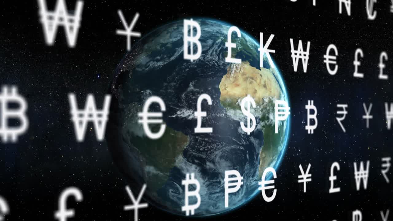 Animazione di simboli di valuta ed elaborazione dati sul globo