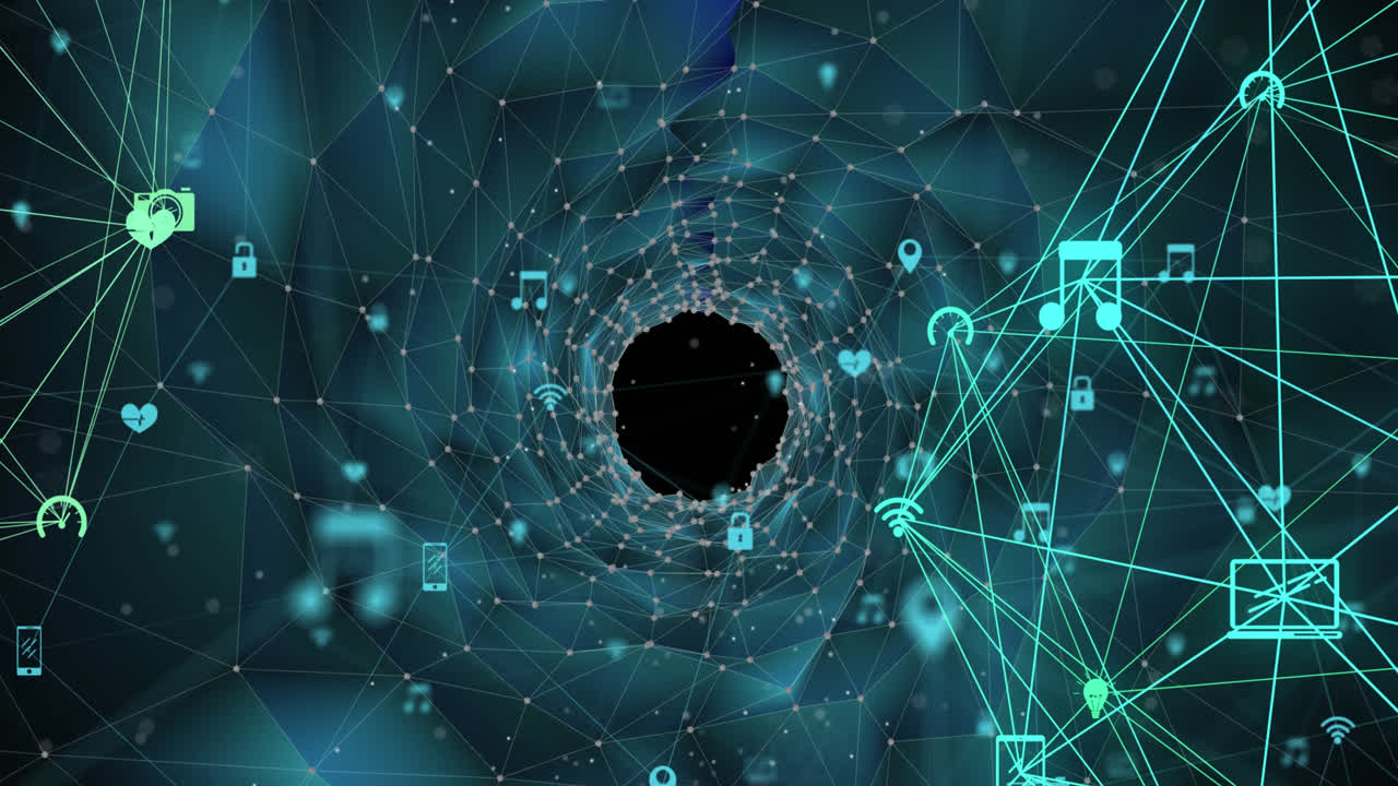 모양으로 디지털 공간을 통해 아이콘으로 연결되는 애니메이션