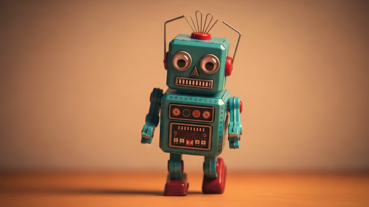 Vintage Robot Toy with Bright Colors and Adorable Features: A Playful Character Captured in the Midst of Movement and Nostalgia