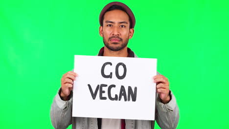 pantalla verde, protesta y el hombre con un go vegano