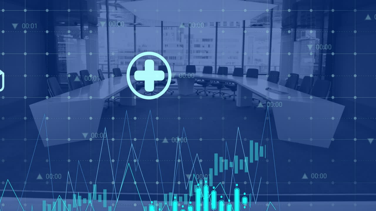 animación del procesamiento de datos financieros en una sala de conferencias en una oficina vacía