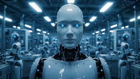 a futuristic look at robotics: a close-up of a human-like android with blue eyes in a high-tech factory surrounded by other robots engaged in automated tasks