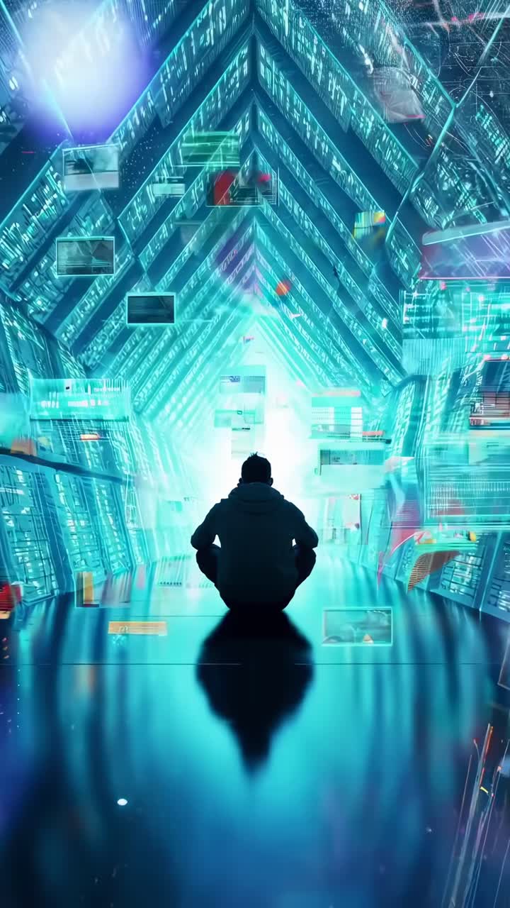 Futuristic video concept with a low-angle view of a person in a digital tunnel of screens