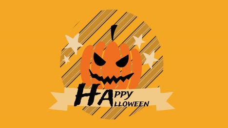 Animation-of-happy-halloween-text-over-pumpkin-on-orange-background