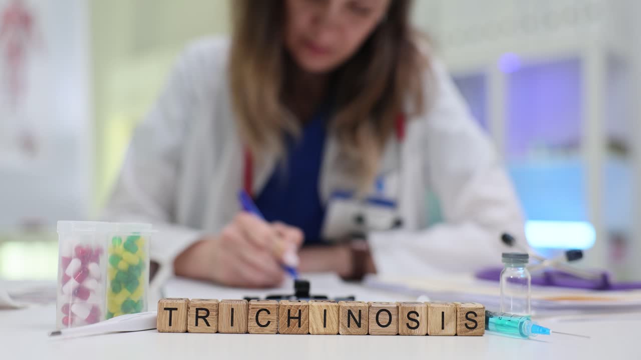 Parola 'Trichinosis' composta sulla scrivania con medico che lavora