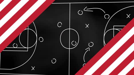 Animation-of-red-and-white-stripes-over-drawing-of-game-plan-on-black-background