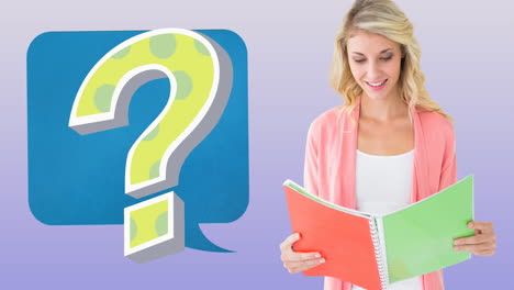 animation of green question mark over speech bubble and caucasian female teacher