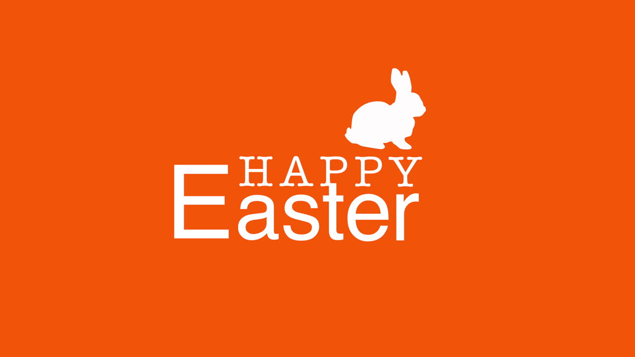 Happy Easter text and rabbit on orange background
