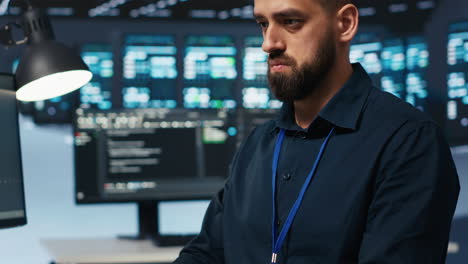 técnico codificando en una instalación de alta tecnología con filas de servidores, toma de primer plano