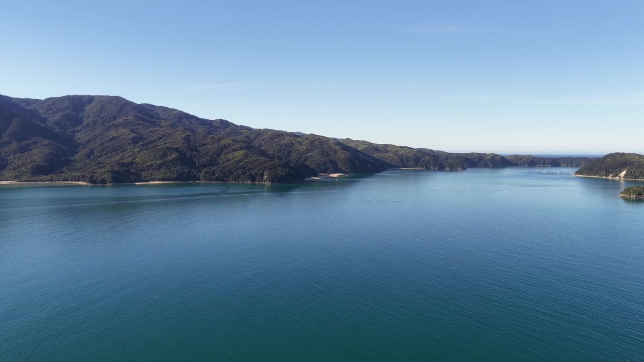 Vista aérea: amplia y tranquila bahía turquesa flanqueada por una empinada cordillera boscosa bajo un cielo azul claro en la Isla Sur de Nueva Zelanda.