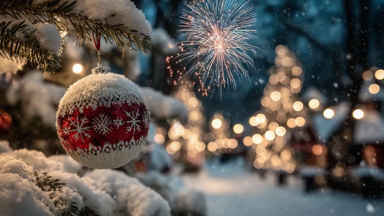A Magical Winter Night: Sparkling Fireworks Above a Snow-Covered Christmas Tree Ornament Amidst Twinkling Lights in a Festive Atmosphere