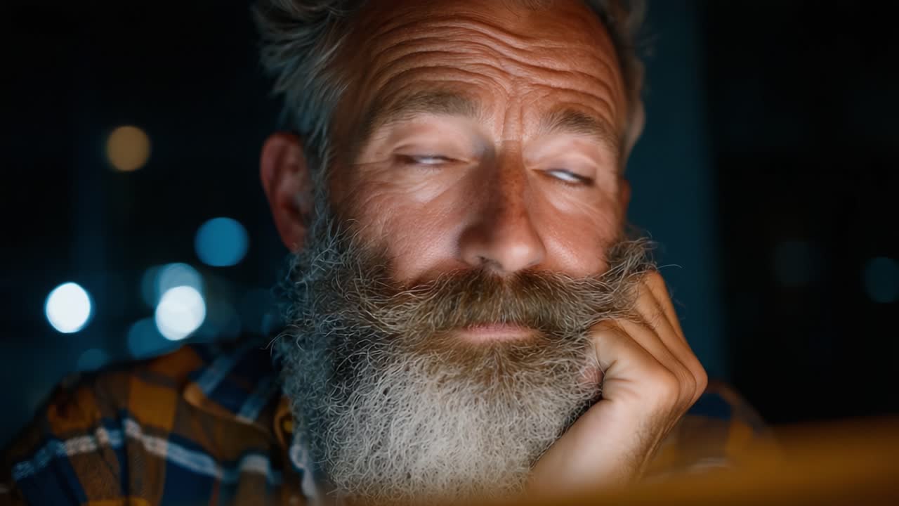 A contemplative moment captured in two frames: an older man with a thoughtful expression gazing into the distance, highlighting introspection and serene emotions in a dimly lit environment
