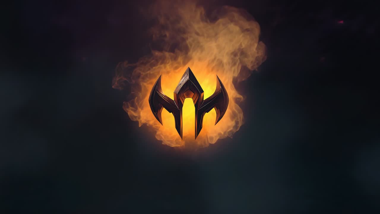 Starting sequence with metallic emblem hovering on dark void, igniting flickering flames and smoke