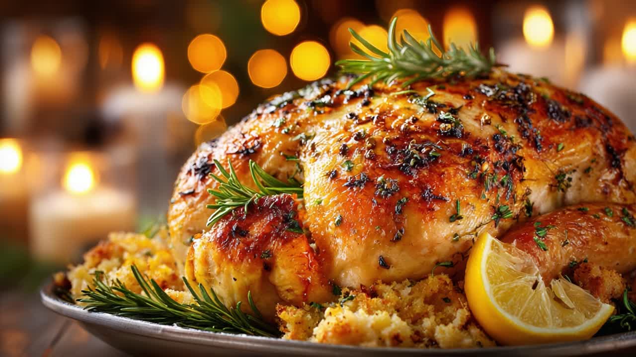 A beautifully roasted chicken, garnished with fresh herbs and lemon, rests on a warm serving platter surrounded by soft glowing candlelight, perfect for festive gatherings