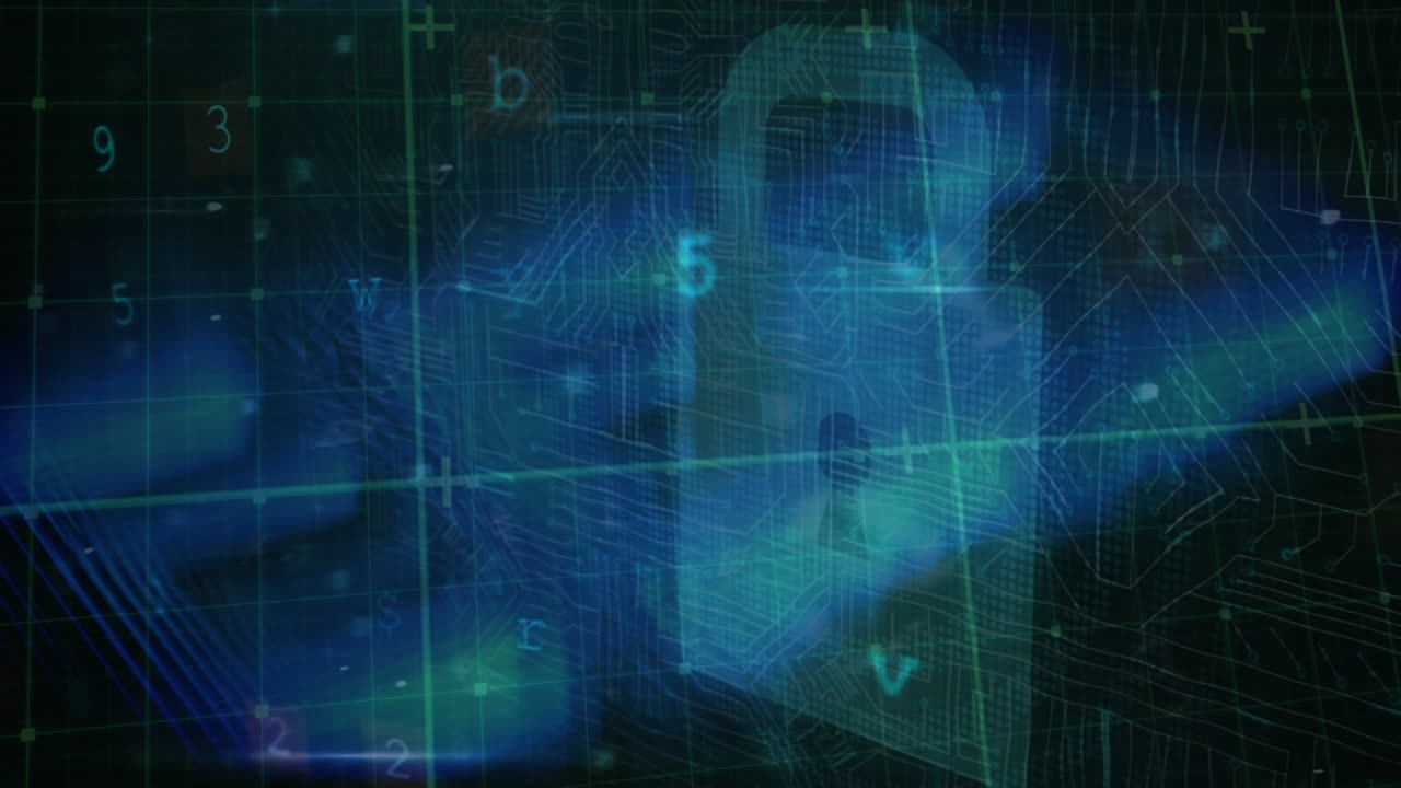 Animation of scanning and digital padlock in blue and black digital space