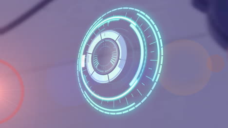 animation of rotating safe lock over light trail on blurred background