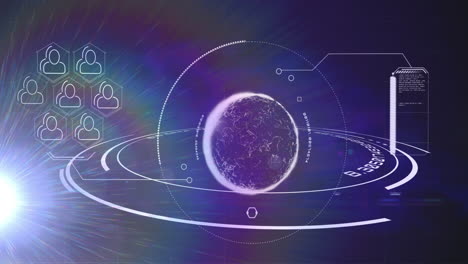 animación de los iconos de las personas y el globo girando sobre fondo azul