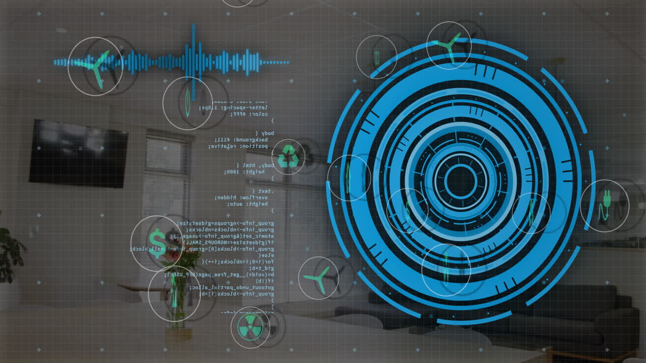 animación de iconos ecológicos, procesamiento de datos y escaneo de alcance sobre el paisaje urbano
