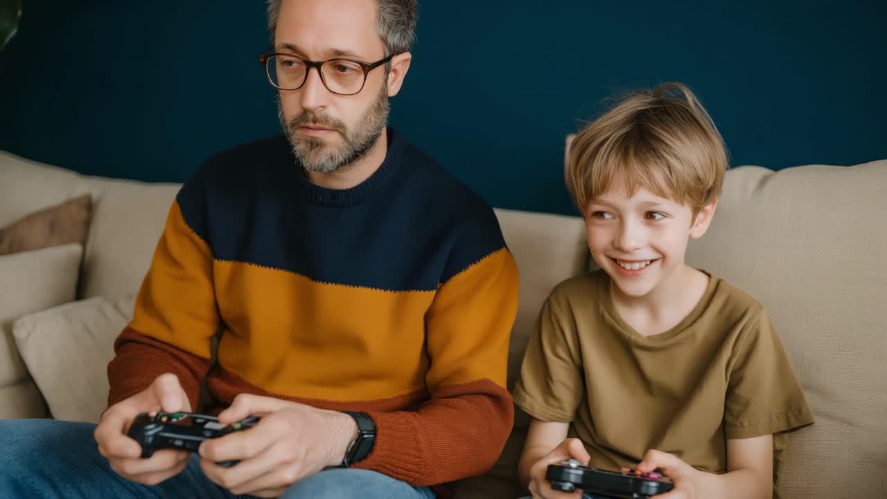 отец и сын играют в видеоигры